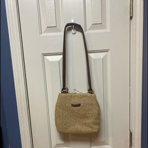 ROSETTI Woven Crochet & Leather Handbag Shoulder Bag Straw Crème Tan Brown.
